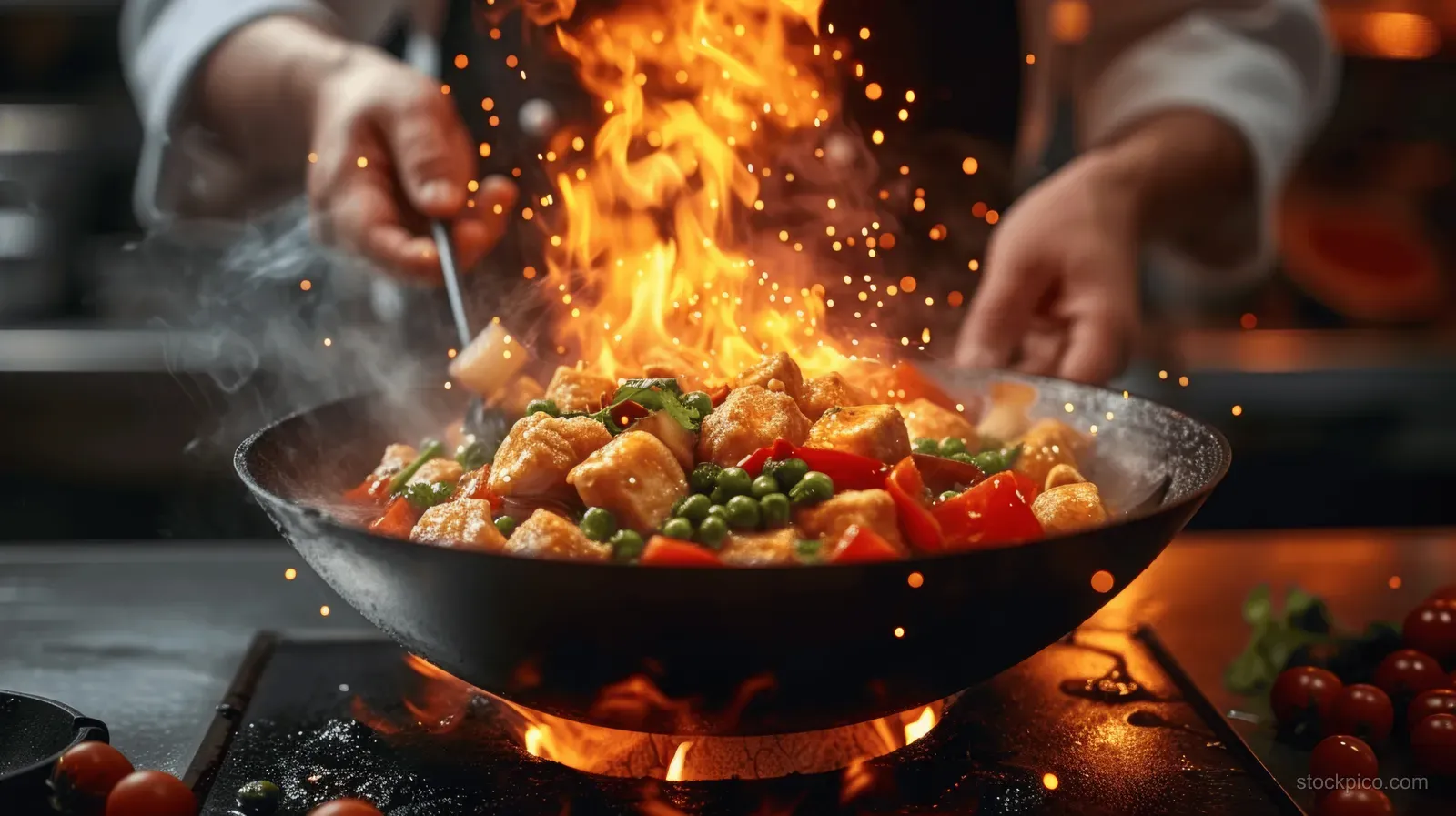 Professional chef stir-frying fresh vegetables in a wok, with dramatic flames and sizzling heat in a close-up kitchen scene.