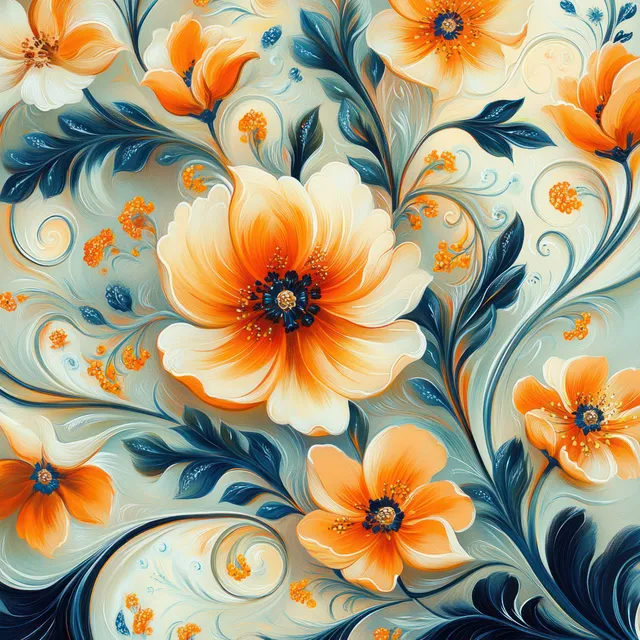 Hand-drawn floral paisley pattern with swirling leaves in warm cream and teal