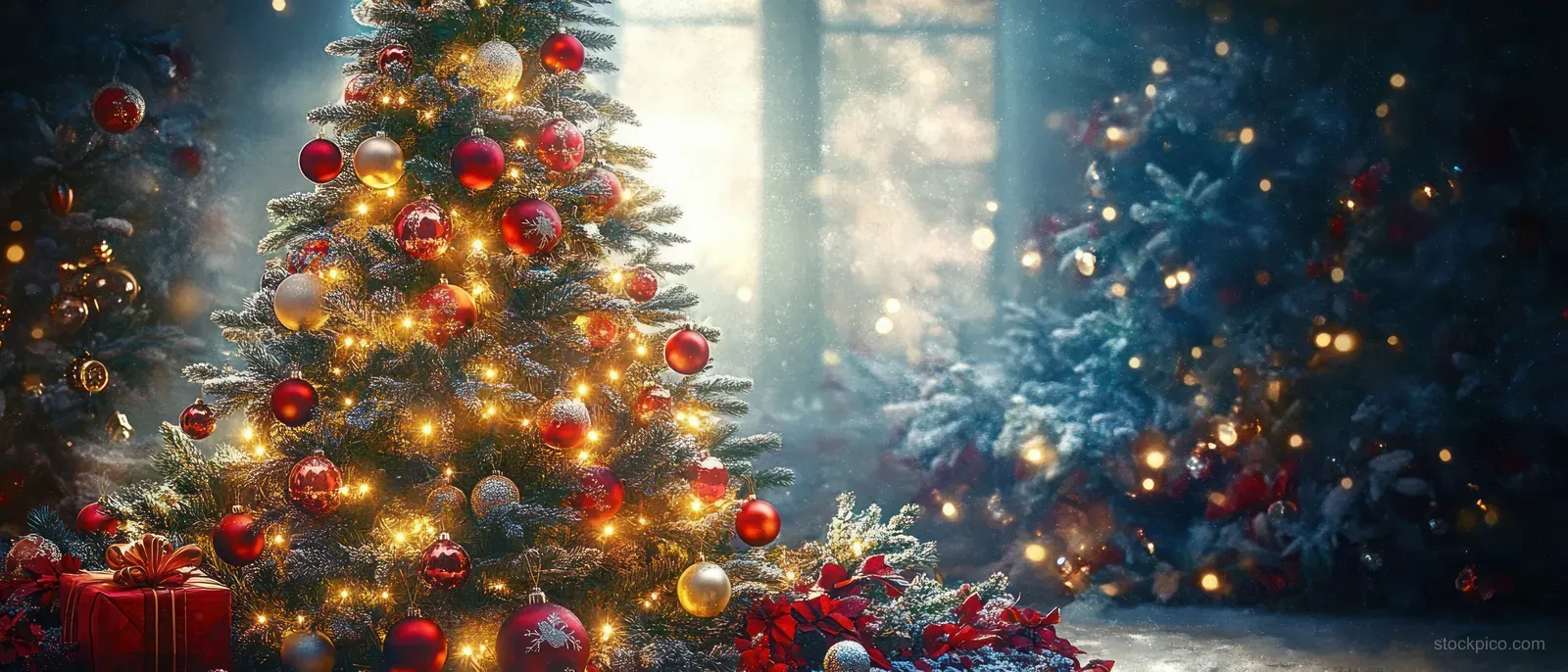 A decorated Christmas tree glows with red and gold baubles and soft blurred lights beside a snowy window.