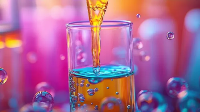 Orange liquid pours into a clear glass filled with blue liquid, with bubbles and colorful bokeh lights behind.