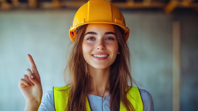 A young woman construction worker in a yellow hard hat and safety vest smiles indoors while pointing upward.