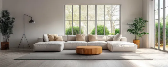 Bright modern living room with beige sectional sofa and wooden coffee table by tall windows