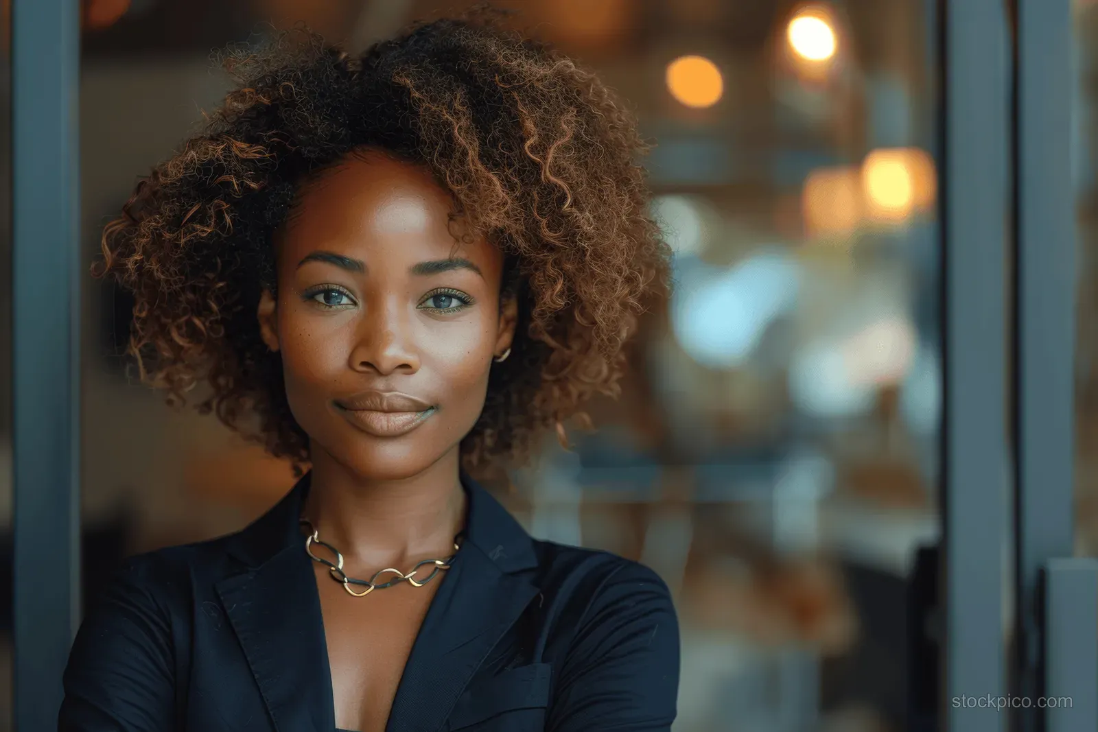 A confident black businesswoman in a suit smiles while standing at a modern office entrance with blurred lights behind her.