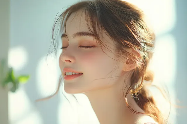 Woman relaxing with skincare glow and gentle sunlight during indoor yoga