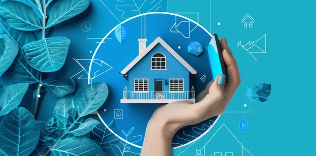 A hand holds a smartphone showing a blue house icon in a circle on a turquoise vector collage background.
