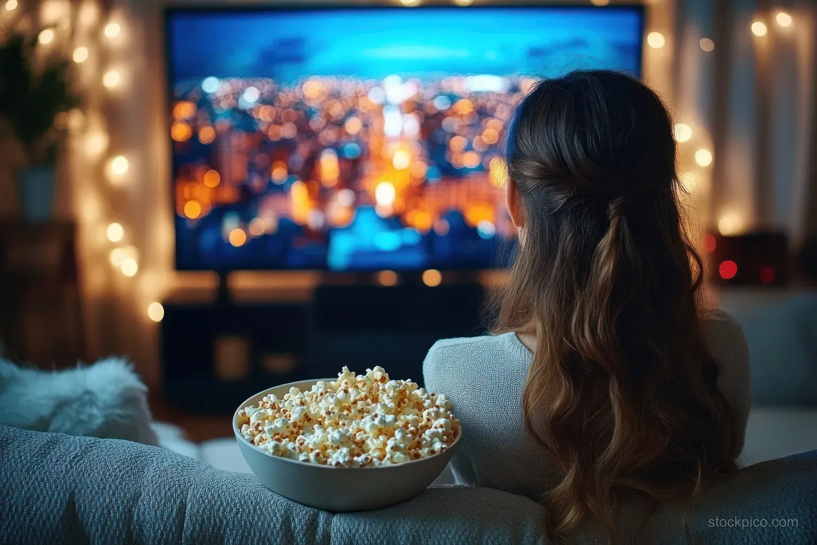 Woman on a couch holding her attention on a large TV with a blurred cityscape while a bowl of popcorn sits nearby.