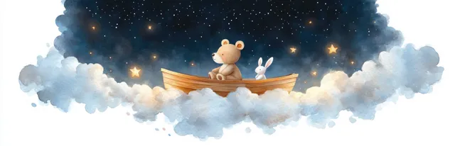Watercolor bear and bunny sail a wooden boat through pastel clouds at starry night
