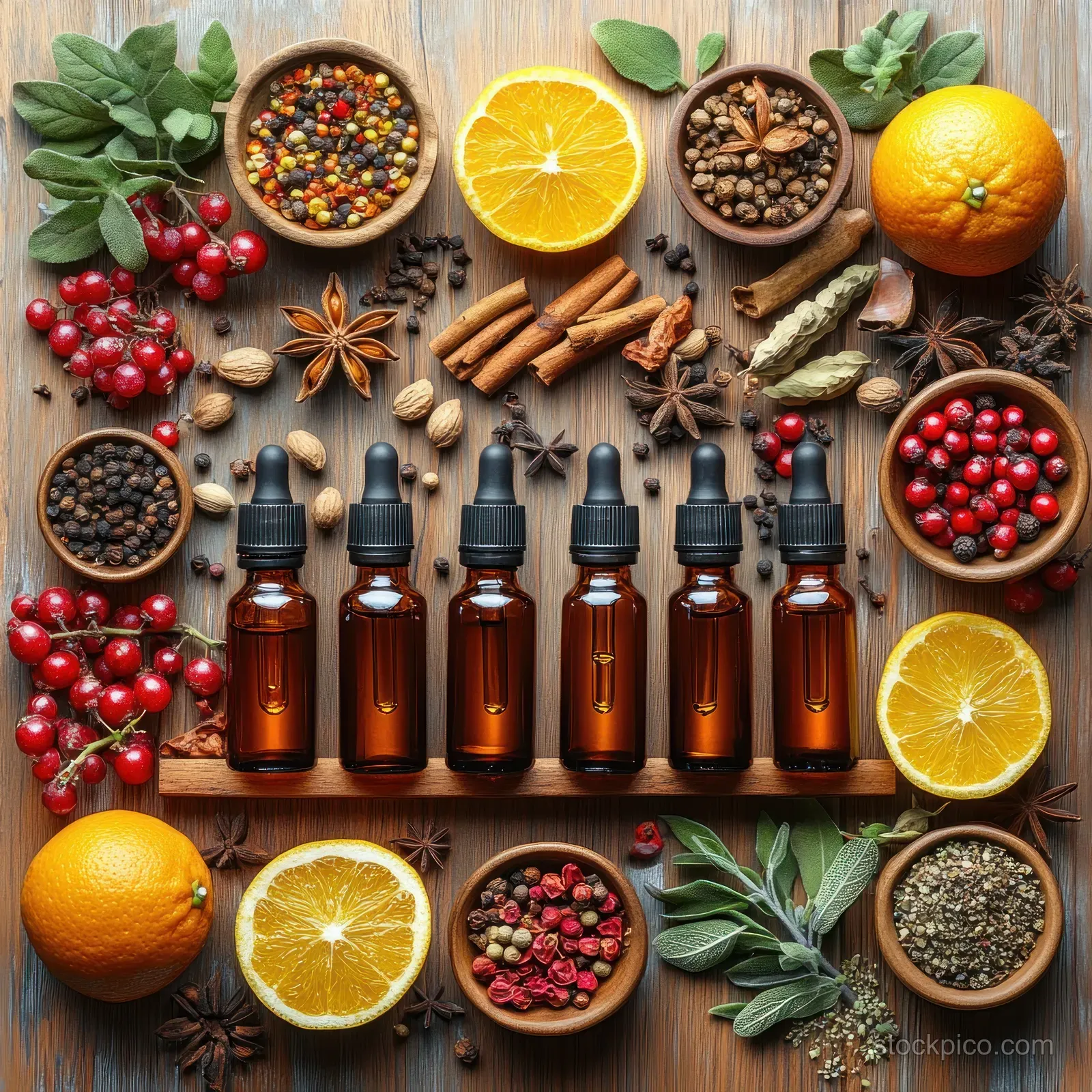 Amber dropper bottles sit on a wooden surface with orange slices, red berries, spices, and green leaves.
