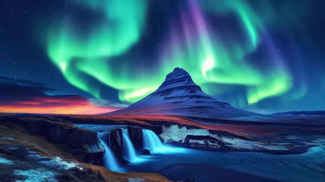 Snowy mountain and waterfall beneath green aurora at twilight
