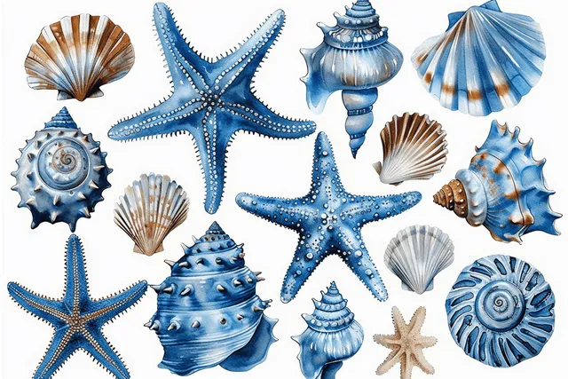 Multiple blue watercolor starfish and seashells are scattered on a clean white background.