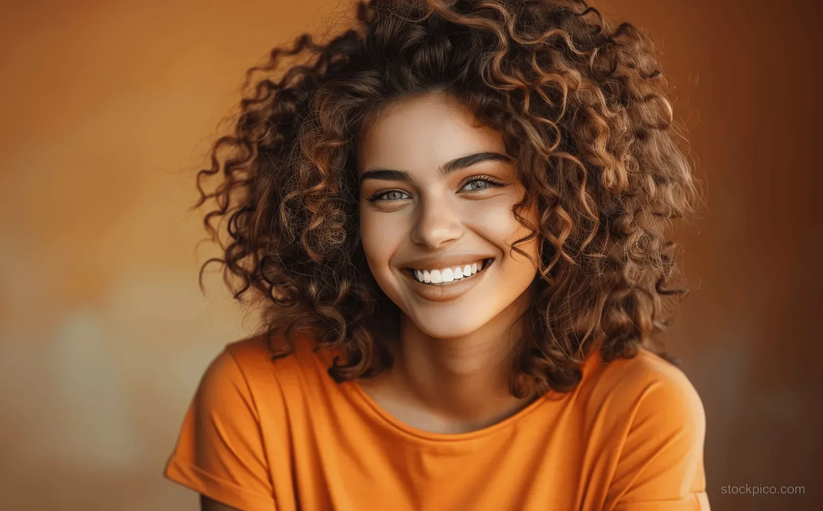 A young woman with curly hair laughs in an orange t-shirt in a close studio portrait against a warm brown background.
