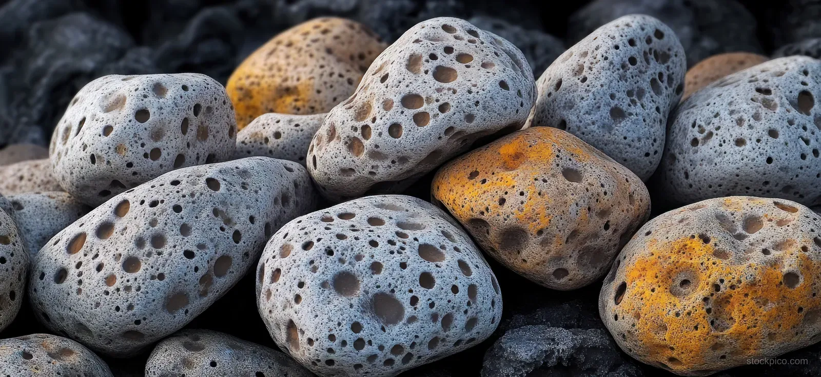 Porous grey and yellow-orange volcanic rocks with visible holes resting on dark volcanic gravel.