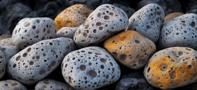 Porous grey and yellow-orange volcanic rocks with visible holes resting on dark volcanic gravel.