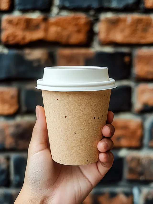 A hand holds a brown disposable coffee cup with a white lid against a blurred brick wall background.
