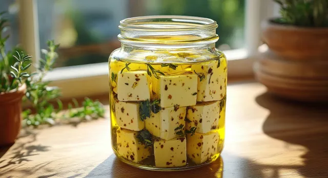 Marinated cheese cubes in golden olive oil inside a glass jar on a sunlit wooden table with potted plants.