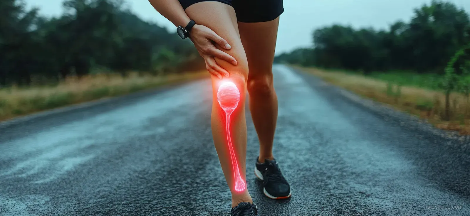 Runner holding her aching knee on an asphalt road with a glowing pain spot near the joint.