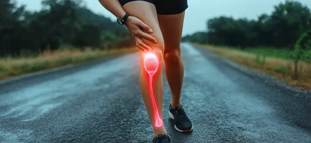 Runner holding her aching knee on an asphalt road with a glowing pain spot near the joint.