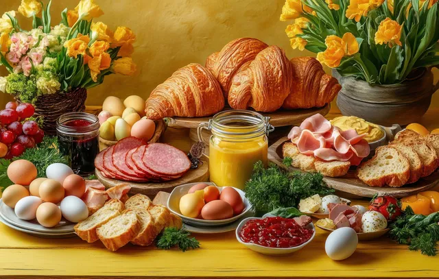 Rustic breakfast spread on a yellow table with croissants, sliced meats, eggs, jams, herbs, fruit, and yellow flowers.