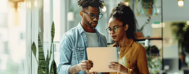 A diverse pair reviews project documents while working on laptops in a bright office near a window.