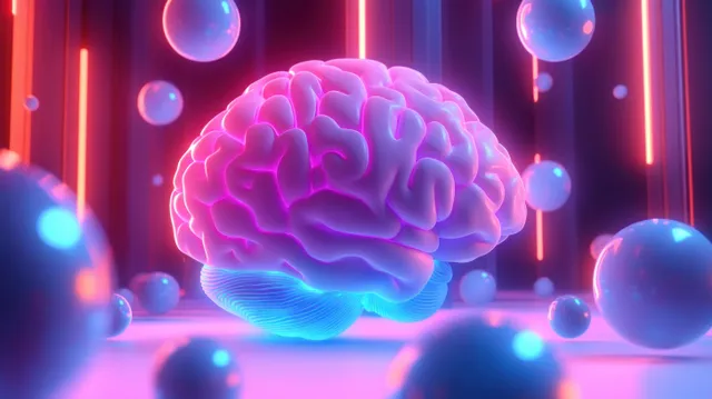 Glowing 3D neon brain model floating among metallic spheres in dark futuristic lab space