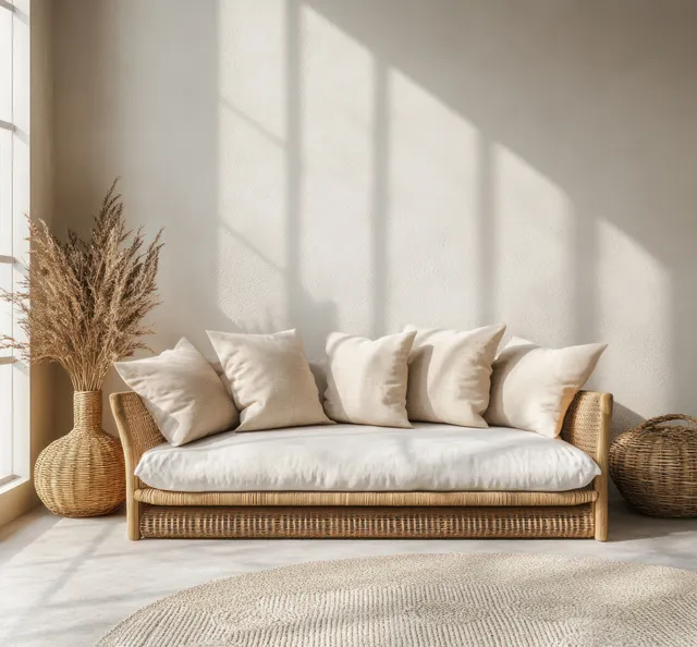 Minimalist Scandinavian living room with a wooden sofa, beige cushions, woven baskets, and sunlit window shadows.