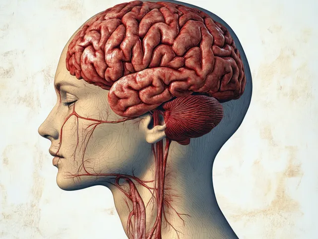 X-ray profile illustration of human head showing brain and spinal cord internal structure