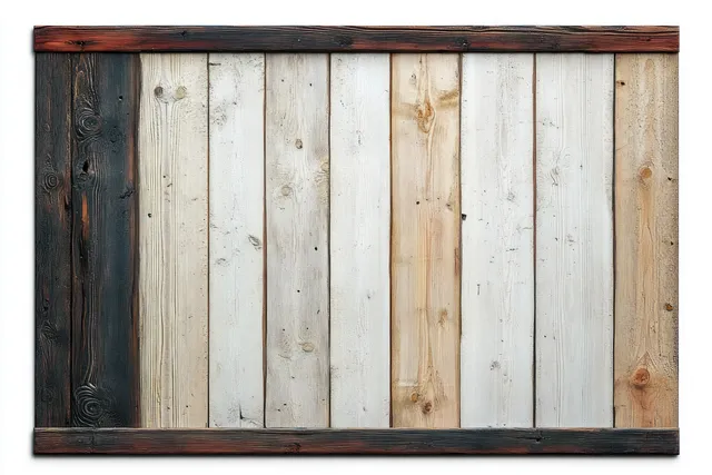 Rustic framed wall panel with vertically arranged weathered wooden planks in white and beige tones.