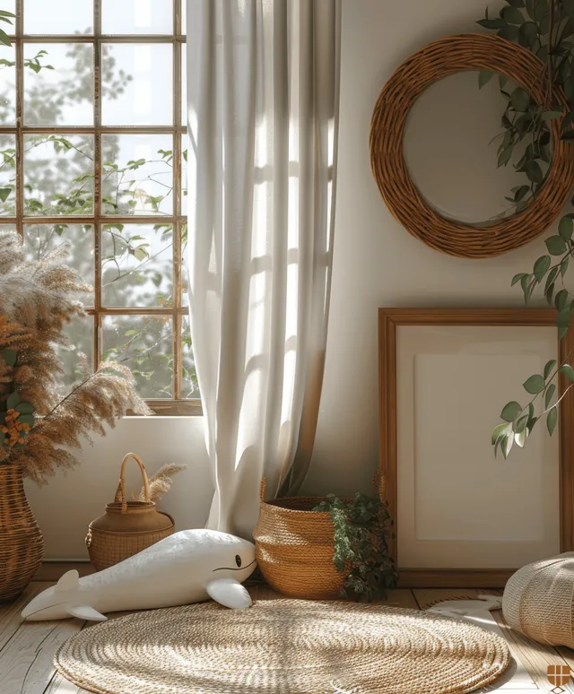 Empty wooden picture frame in bohemian nursery corner with sunlit window and woven rug