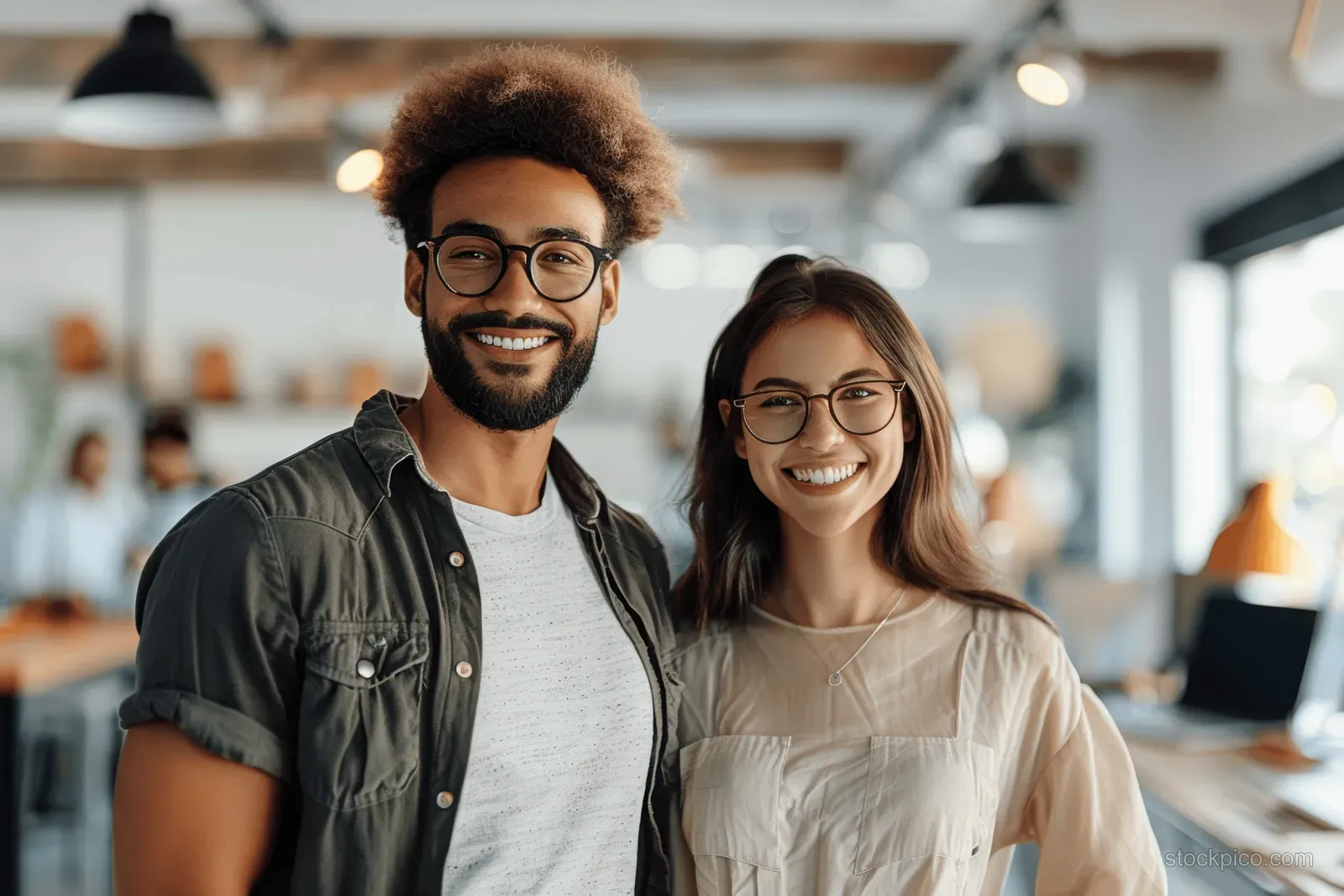 Two smiling young coworkers stand in a modern office with a laptop while other people work behind them.
