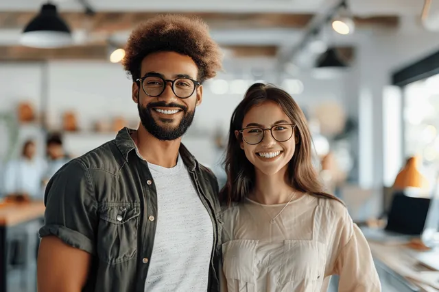 Two smiling young coworkers stand in a modern office with a laptop while other people work behind them.