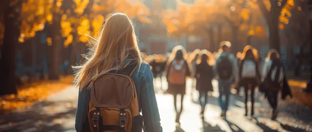 Blonde student with backpack walking on autumn university campus walkway in golden sunlight
