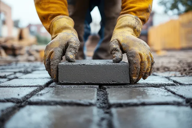 Gloved hands place a concrete brick paver onto an outdoor pathway base with tools in the background.