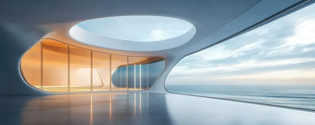 Modern interior with curved walls and glass windows showing calm ocean outside, lit by a circular skylight.