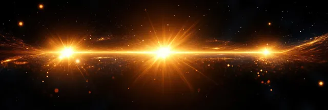 Golden sunburst light rays flare across black space with sparkling dust particles