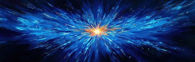 A blue and orange burst of light radiates outward as streaks across a dark cosmic background.