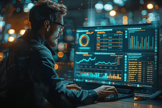 A data analyst reviews AI analytics charts on dual monitors in a dark server control room with glowing data panels.