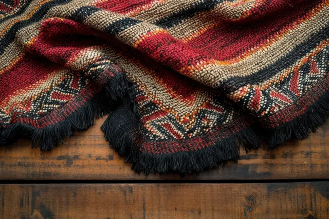 Colorful woven textile with geometric patterns and dark fringes draped over a rustic wooden plank.