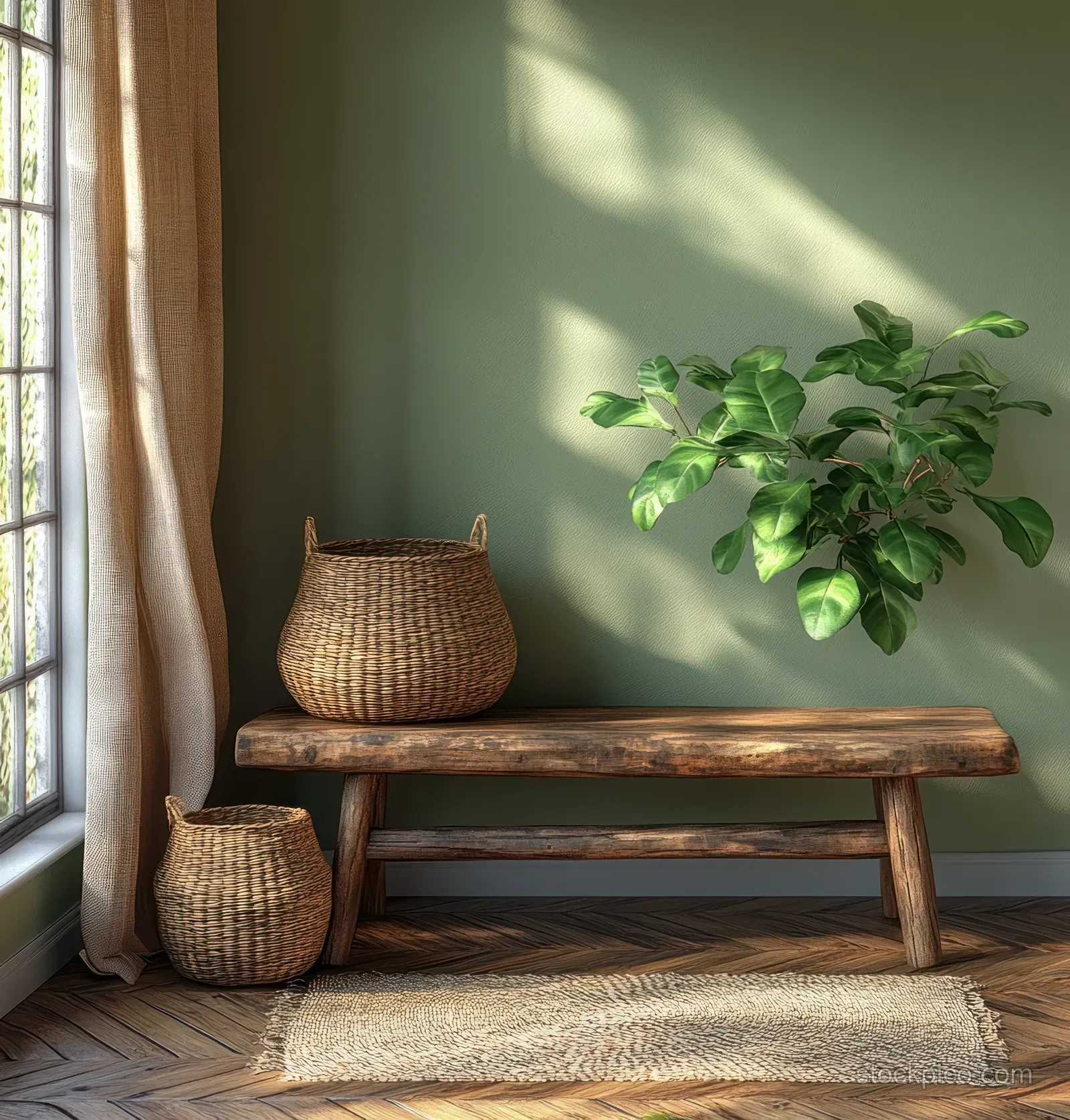 Olive-green room corner with wooden bench, woven baskets, olive plant, and sunlit curtain by a window.