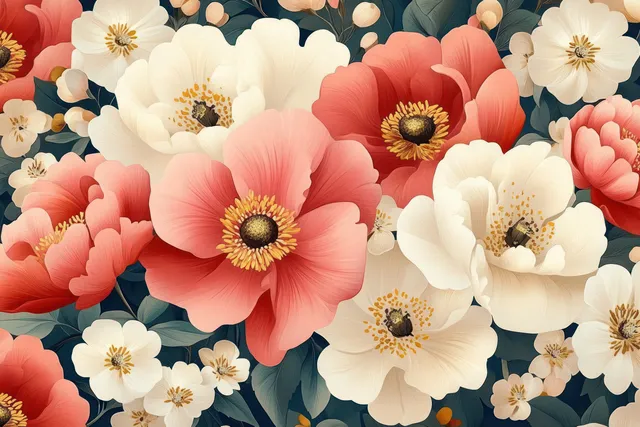 Seamless peony and wildflower floral pattern with pastel leaves background for nursery wallpaper