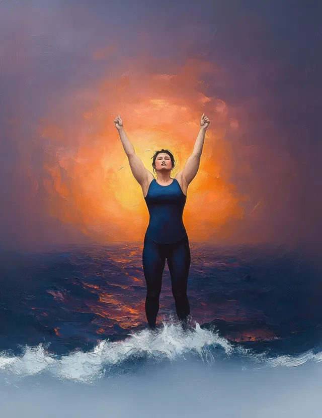 Woman standing in ocean surf with arms raised during glowing orange sunset