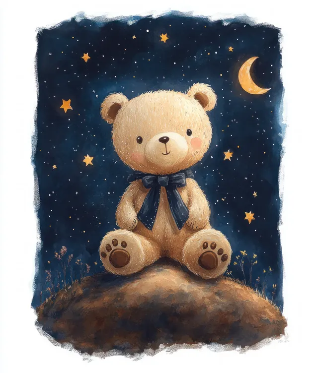 A teddy bear sits on a hill under a starry night sky with a crescent moon.