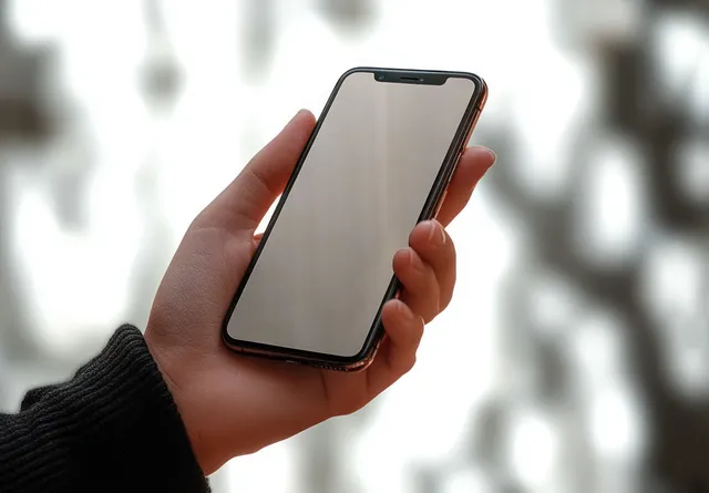 A person’s hand holds a modern smartphone with a blank screen against a softly blurred bright background.