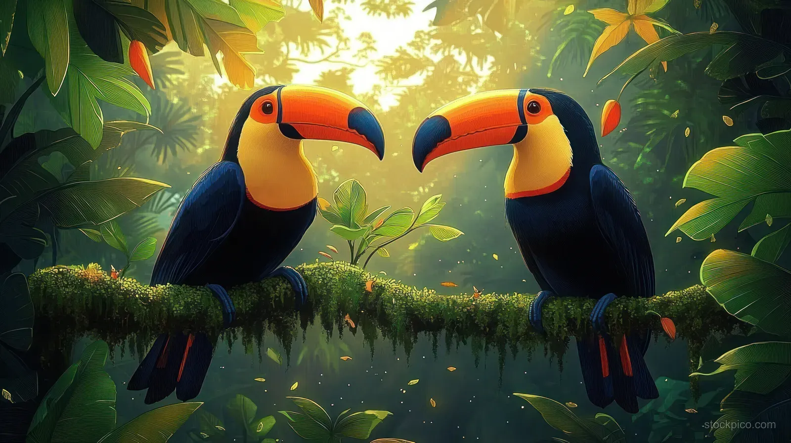 Two toucans face each other on a mossy branch beneath lush rainforest leaves in warm filtered sunlight.