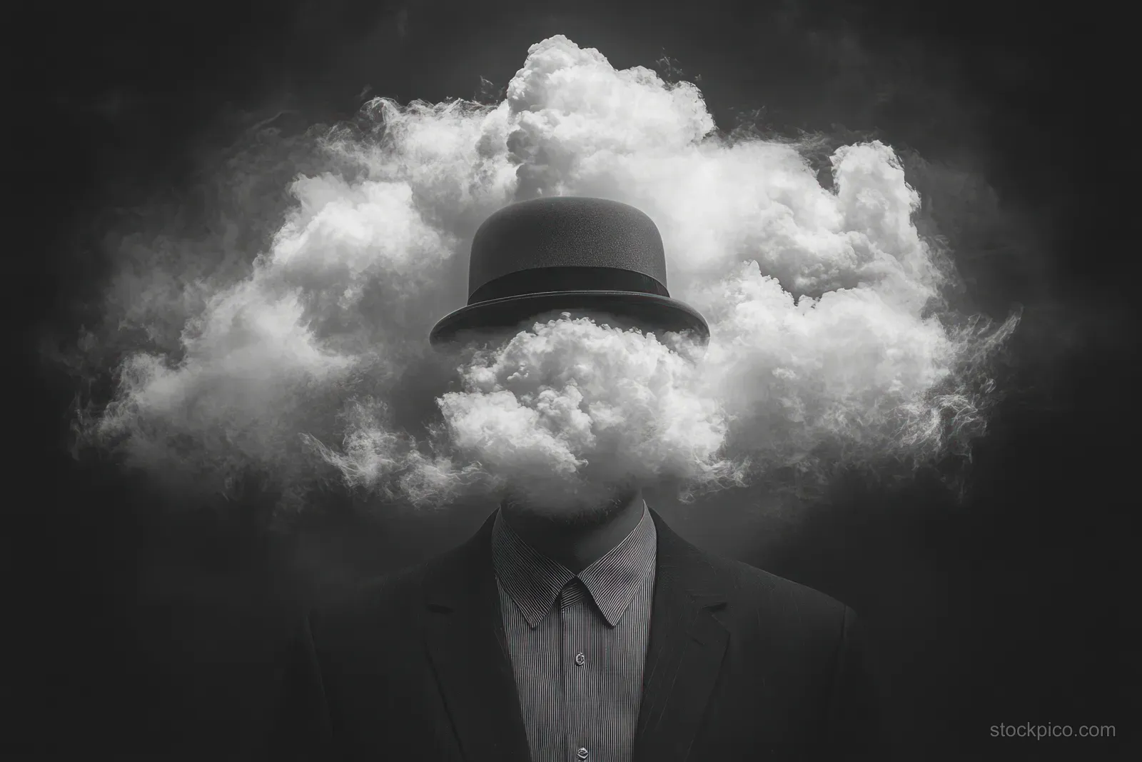 A man in a hat stands before a dark background with smoke and mist swirling where his head should be.