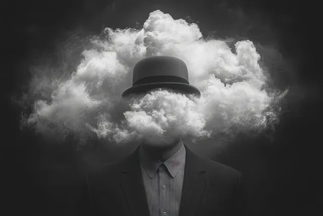 A man in a hat stands before a dark background with smoke and mist swirling where his head should be.
