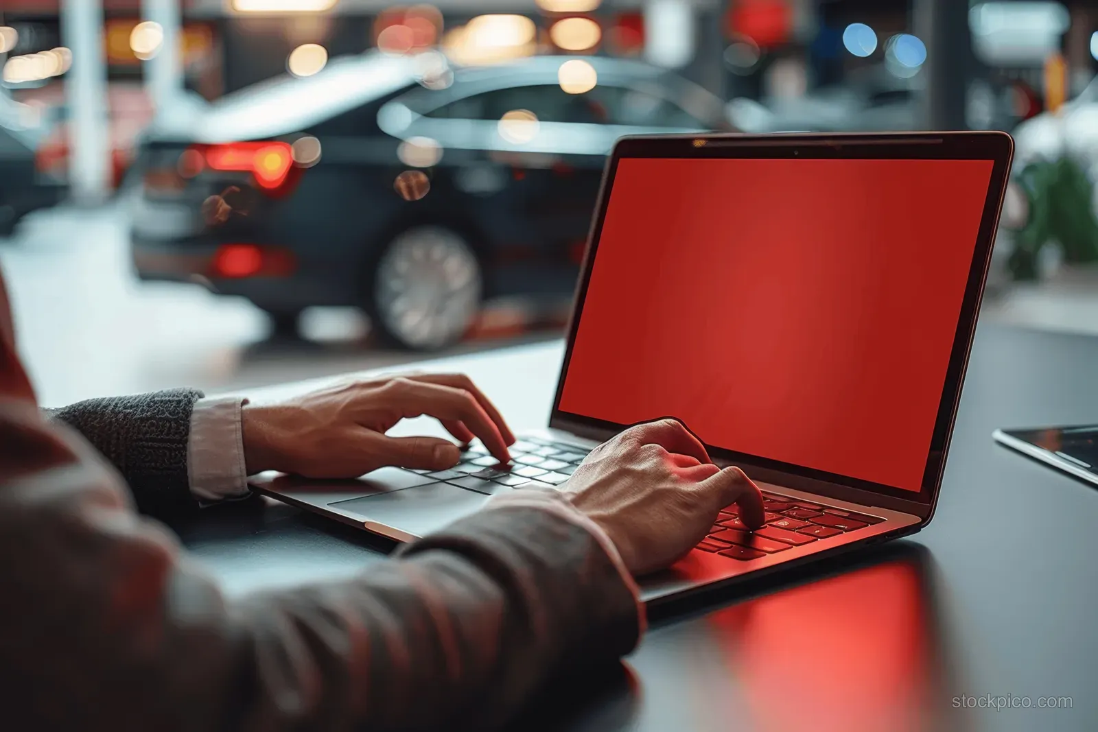 A businessman types on a laptop in a car showroom while a red car sits blurred behind him.
