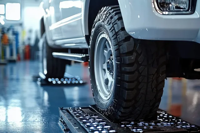 A vehicle tire sits on a platform with glowing holes inside a bright indoor garage workshop.