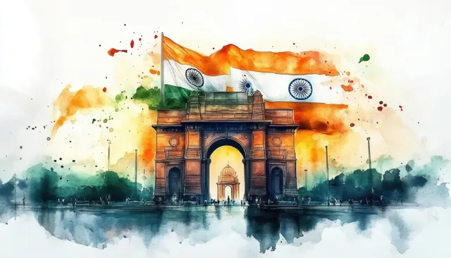Watercolor Indian flag waving above India Gate with festive Republic Day splashes
