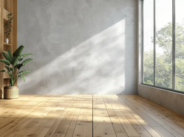 Empty interior room with wooden parquet flooring, concrete wall, and sunlight shadows from tall windows.