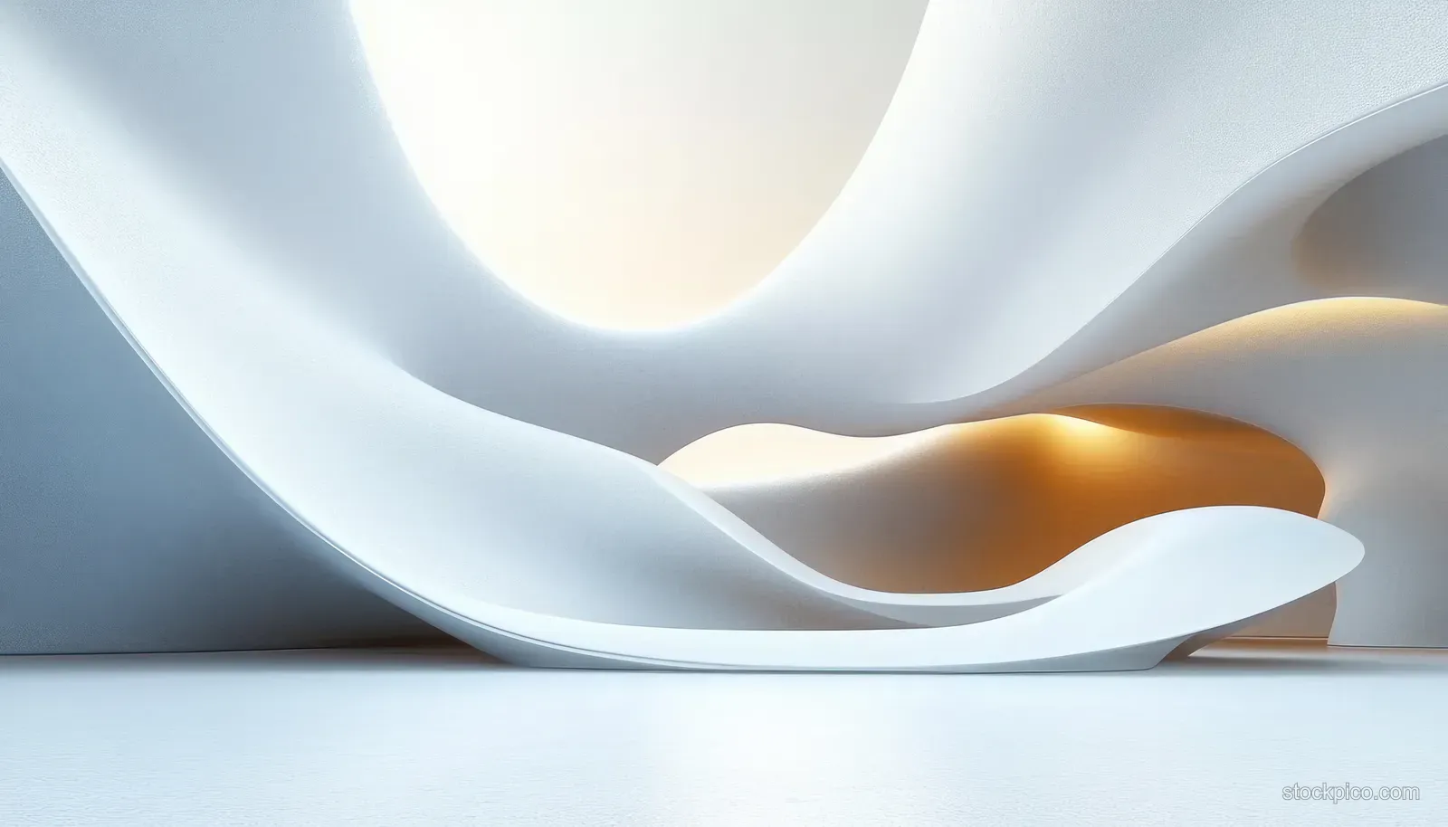 Minimal white curved interior platform with soft overhead lighting, glowing opening, and wave-like shadows on the floor.